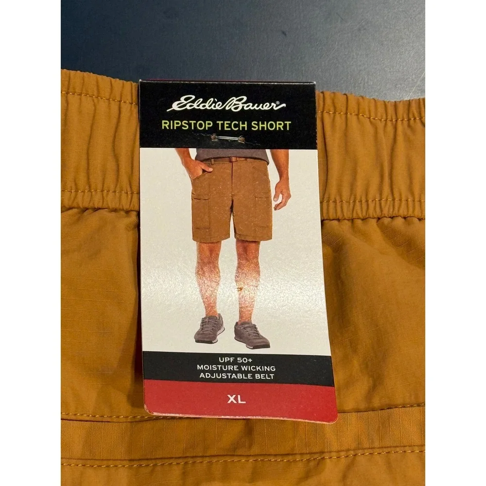 New! Eddie Bauer Ripstop Tech Shorts Mens XL Brown Sugar UPF 50 Moisture Wicking